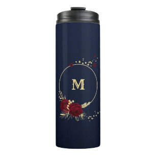 Elegant burgundy flowers gold navy thermal tumbler