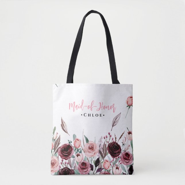 Elegant Burgundy Flowers Maid of Honour Custom Nam Tote Bag (Front)