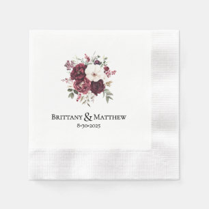 Elegant Burgundy Flowers Personalised Wedding Napkin