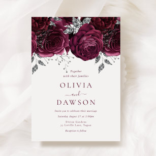 Elegant Burgundy Flowers & Silver Wedding Invitation