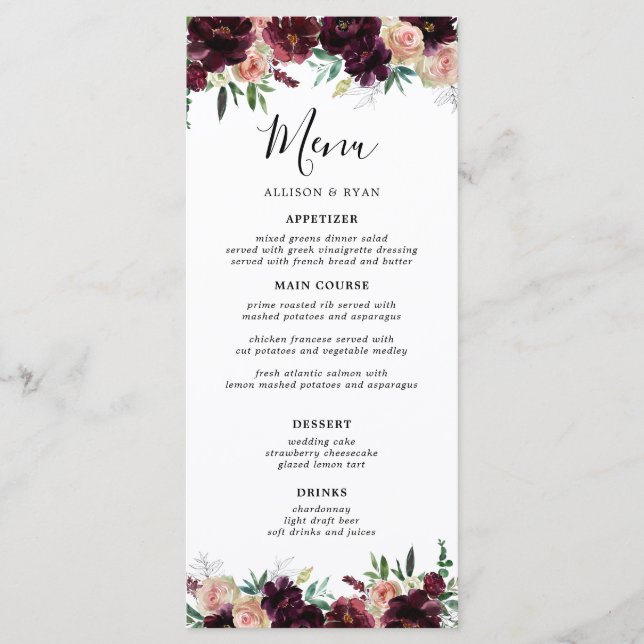 Elegant Burgundy Flowers Wedding Menu (Front)