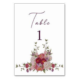 Elegant Burgundy Forest Flowers Wedding  Table Number