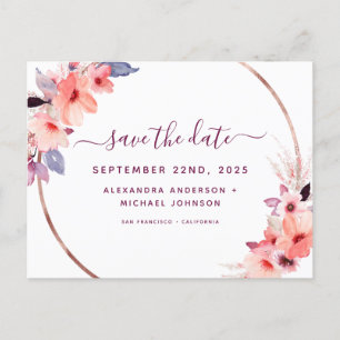 Elegant Burgundy Geometric Floral Save the Date Announcement Postcard