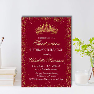 Elegant burgundy Glitter Gold Crown Sweet 16 Bday Invitation