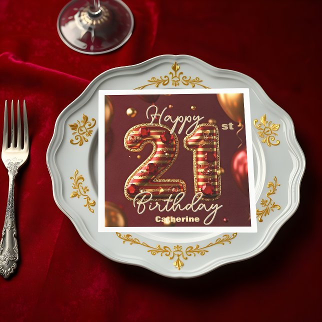 Elegant Burgundy & Gold 21st Birthday Celebration Napkin (Creator Uploaded)
