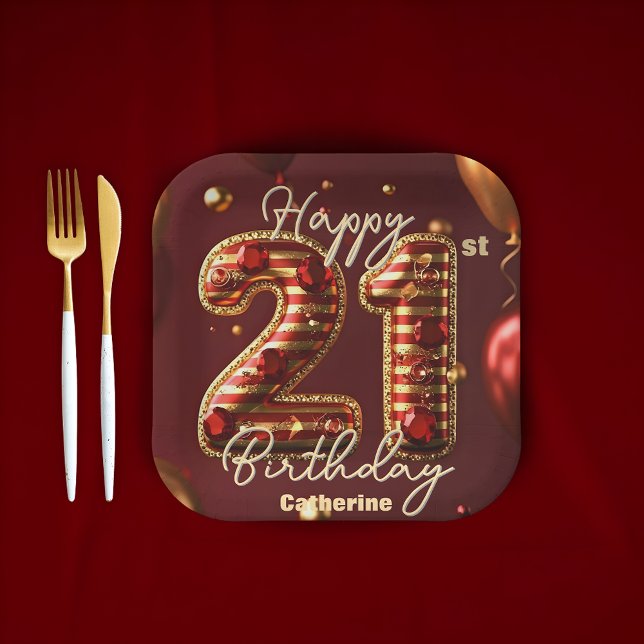 Elegant Burgundy & Gold 21st Birthday Celebration Paper Plate (Creator Uploaded)