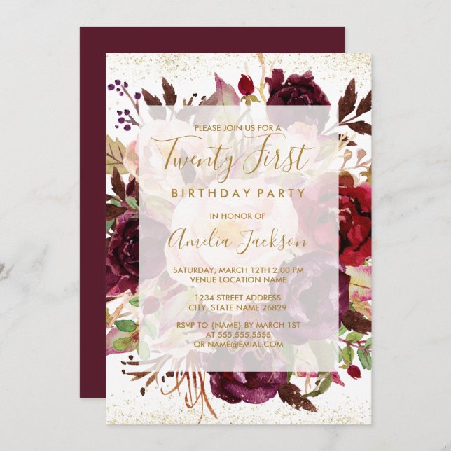 Elegant Burgundy Gold 21st Birthday Invitation (Front/Back)