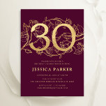 Elegant Burgundy Gold 30th Birthday Invitation<br><div class="desc">Elegant burgundy maroon gold 30th birthday party invitation. Customisable dark red marsala wine design featuring roses botanical accents and typography script font. Simple floral invite card perfect for a stylish female bday celebration. Personalise with your own details. Printed Zazzle invitations or instant download digital printable template.</div>