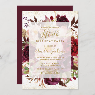 Elegant Burgundy Gold 50th Birthday Invitation