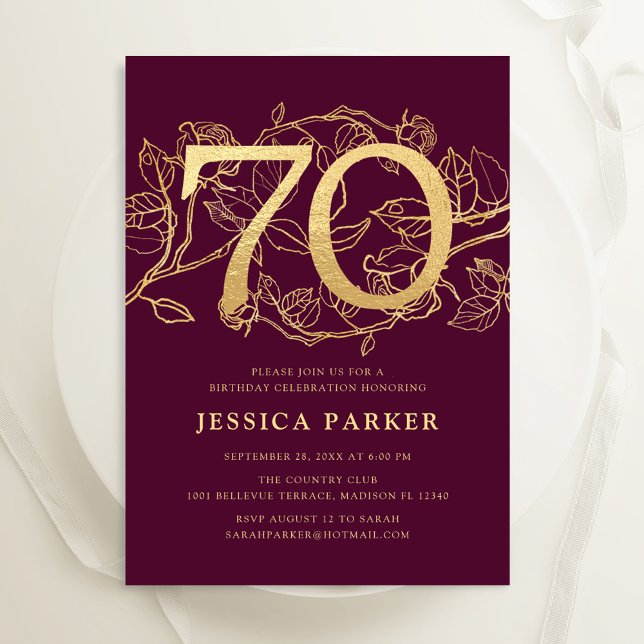Elegant Burgundy Gold 70th Birthday Invitation (Creator Uploaded)