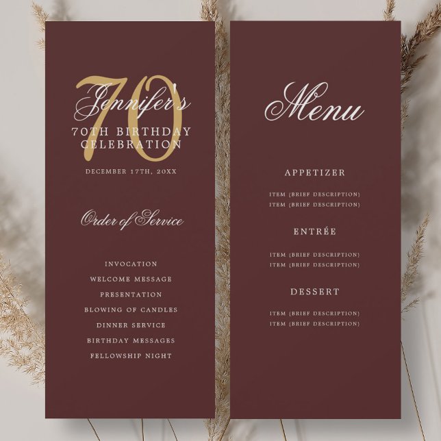 Elegant Burgundy Gold 70th Birthday Program Menu Invitation (Elegant Burgundy Gold 70th Birthday Program Menu)
