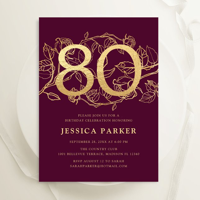 Elegant Burgundy Gold 80th Birthday Invitation (Creator Uploaded)
