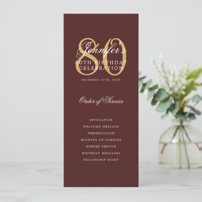Elegant Burgundy Gold 80th Birthday Program + Menu Invitation (Standing Front)