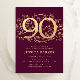 Elegant Burgundy Gold 90th Birthday Invitation