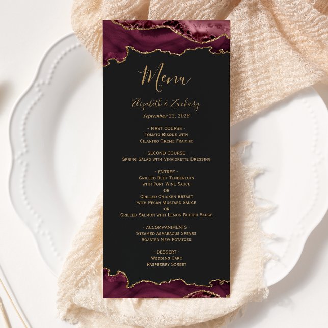 Elegant Burgundy Gold Agate Dark Wedding Menu (Creator Uploaded)
