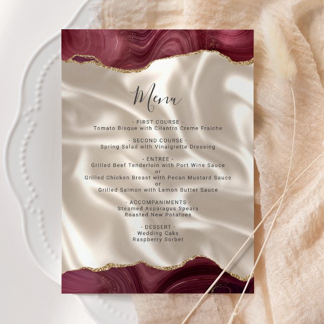Elegant Burgundy Gold Agate Silk Wedding Menu (Creator Uploaded)