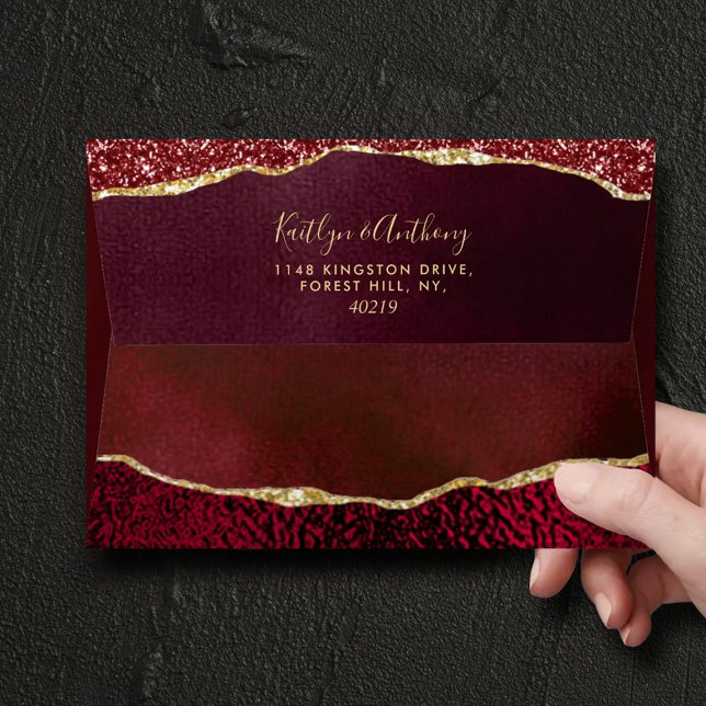 Elegant Burgundy & Gold Agate Wedding Invitation Envelope (Creator Uploaded)