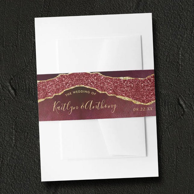 Elegant Burgundy & Gold Agate Wedding Invitation Invitation Belly Band (Creator Uploaded)