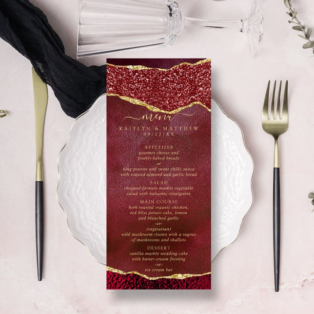 Elegant Burgundy & Gold Agate Wedding Menu (Creator Uploaded)
