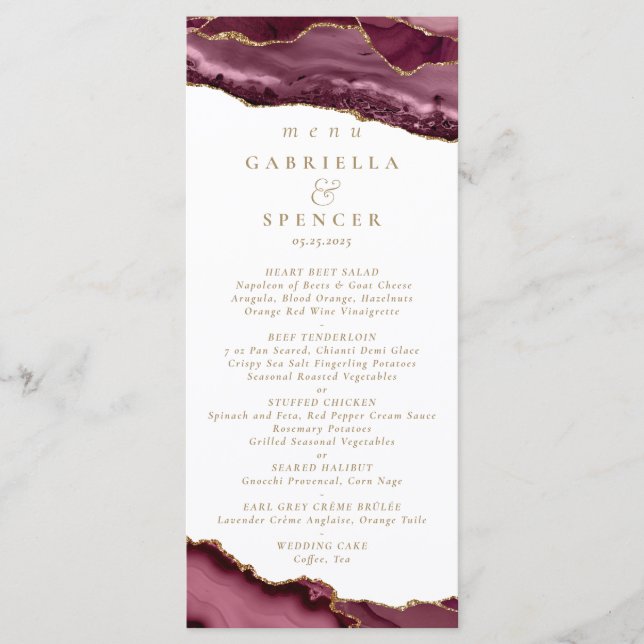 Elegant Burgundy Gold Agate Wedding Menu (Front)