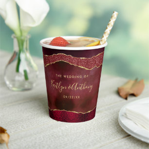 Elegant Burgundy & Gold Agate Wedding Paper Cups