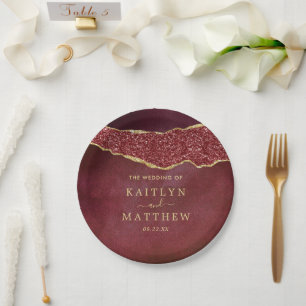 Elegant Burgundy & Gold Agate Wedding Paper Plate