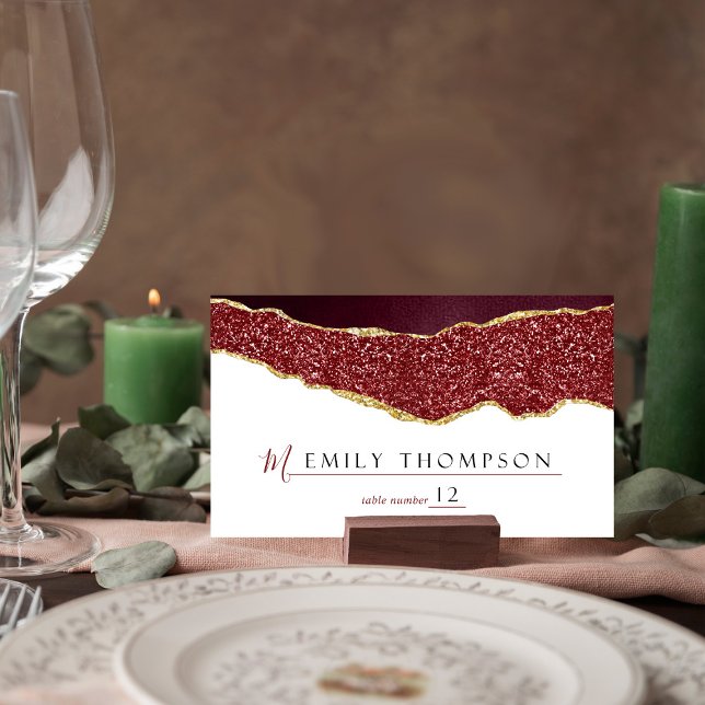 Elegant Burgundy & Gold Agate Wedding Place Card (Creator Uploaded)