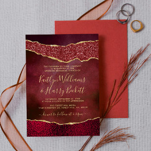 Elegant Burgundy & Gold Agate Wedding Rehearsal Invitation