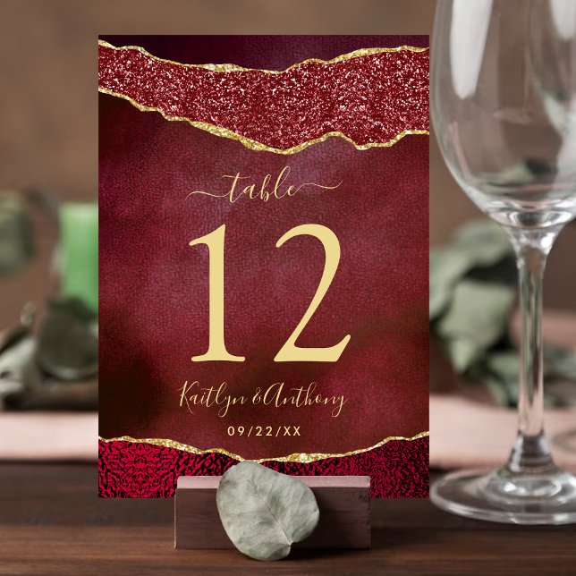 Elegant Burgundy & Gold Agate Wedding Table Number (Creator Uploaded)