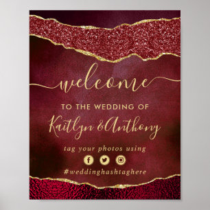 Elegant Burgundy & Gold Agate Wedding Welcome Poster