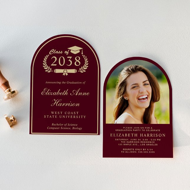 Elegant Burgundy Gold Arch Photo Graduation Party Invitation (An elegant arch-shaped photo graduation party invitation to celebrate the graduate's achievements)