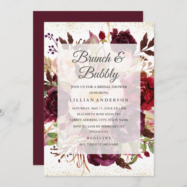 Elegant Burgundy Gold Bloom Brunch And Bubbly Invitation (Front/Back)