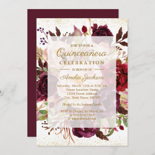Elegant Burgundy Gold Bloom Quinceanera Birthday Invitation