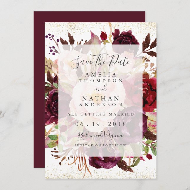Elegant Burgundy Gold Bloom Save The Date Invitation (Front/Back)