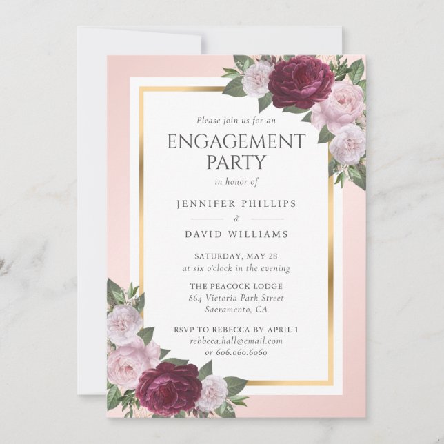 Elegant Burgundy Gold Blush Engagement Party Invitation (Front)