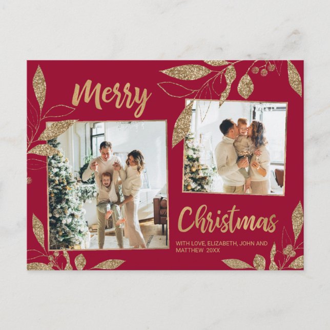 Elegant Burgundy Gold Botanical 2 Photo Christmas Postcard (Front)