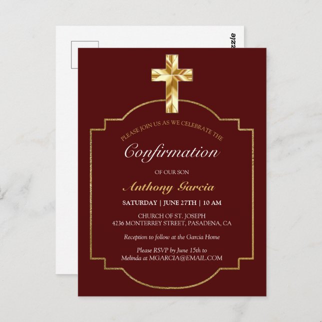 Elegant Burgundy Gold Boys Confirmation Invitation Postcard (Front/Back)