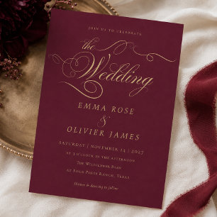 Elegant Burgundy Gold Calligraphy Wedding Invitation