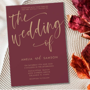 Elegant Burgundy & Gold Calligraphy Wedding of  Invitation
