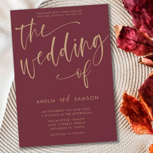 Elegant Burgundy & Gold Calligraphy Wedding of  Invitation (Creator Uploaded)