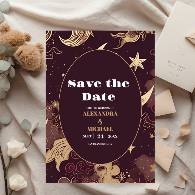 Elegant Burgundy Gold Celestial Wedding Save The Date (Creator Uploaded)