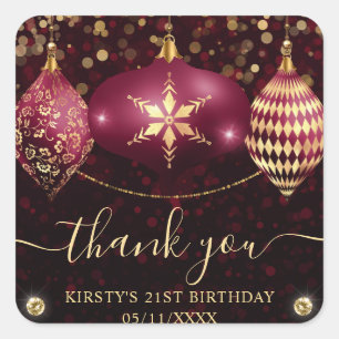 Elegant Burgundy & Gold Christmas Baubles Birthday Square Sticker