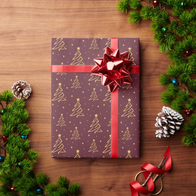Elegant Burgundy Gold Christmas Tree Pattern Wrapping Paper (Holiday Gift)