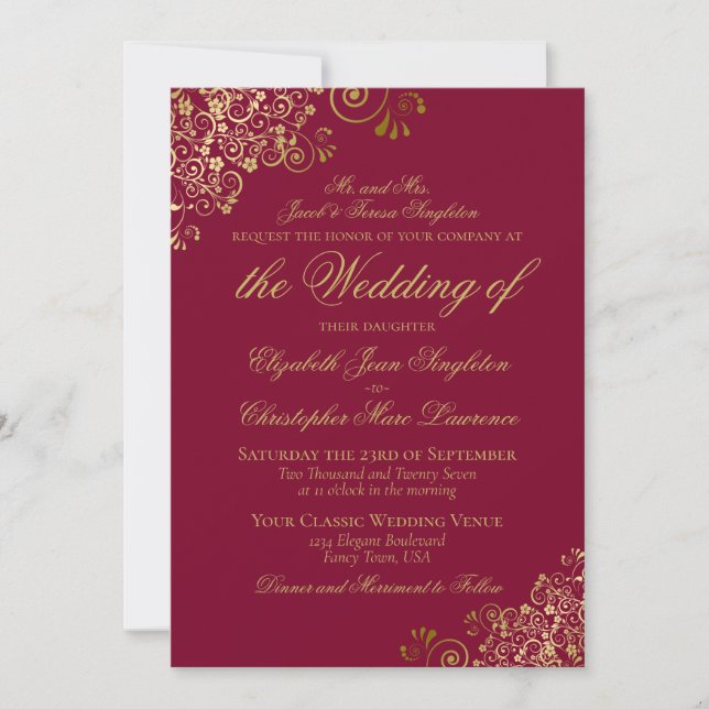 Elegant Burgundy & Gold Classy Formal Wedding Invitation (Front)