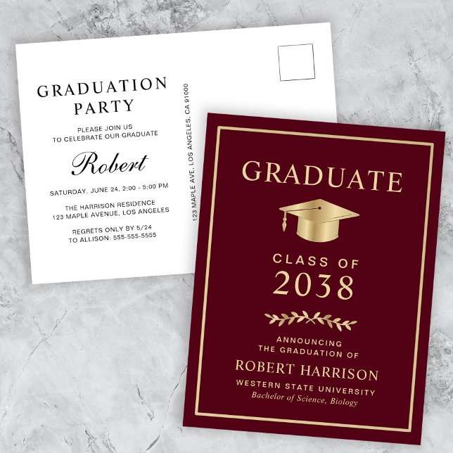 Elegant Burgundy Gold College Graduation Party Invitation Postcard (An elegant college graduation party invitation postcard to celebrate the graduate's achievements)