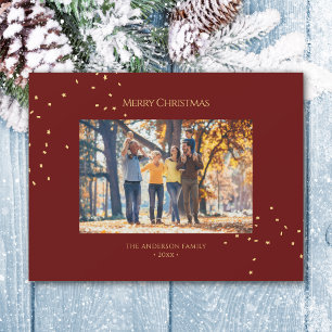 Elegant Burgundy Gold Confetti Holiday Photo Card