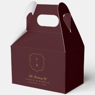 Elegant Burgundy & Gold Crest Monogram Wedding Favour Box