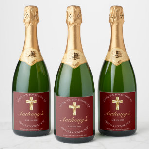 Elegant Burgundy Gold Cross 1st Communion Sparkling Wine Label