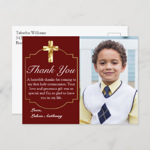 Elegant Burgundy Gold Cross 1st Communion Thank Yo Postcard