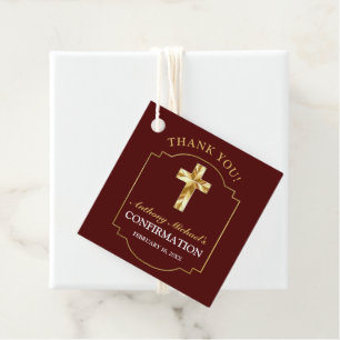 Elegant Burgundy Gold Cross Boys Confirmation Favour Tags
